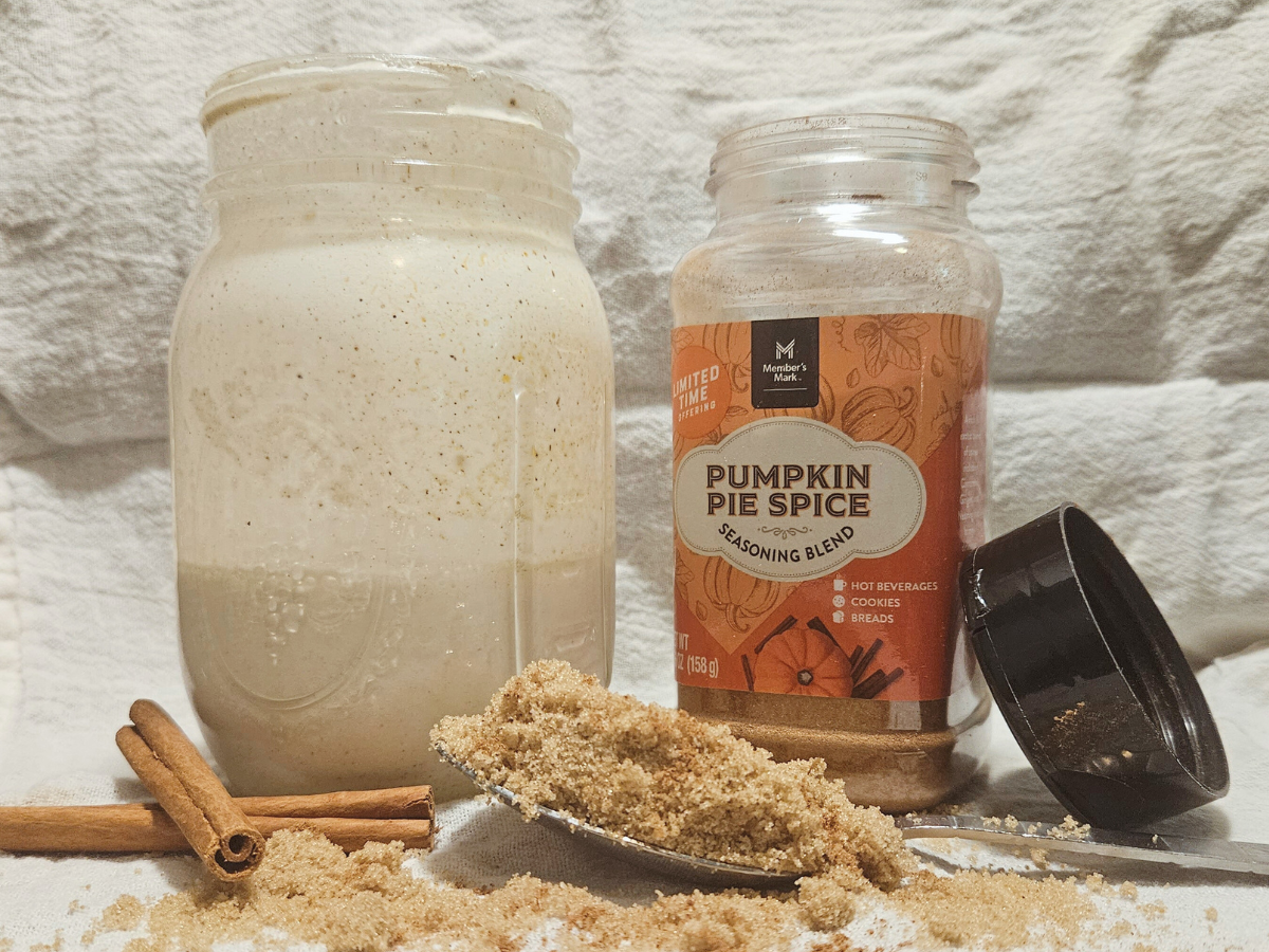 Pumpkin pie spice coffee creamer with cinnamon sticks and brown sugar