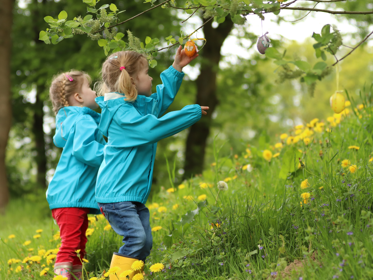 two little girls in rain boots and rain jackets picking an apple from a tree on a lush, green hillside