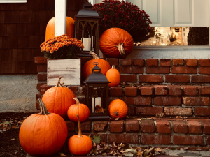 a brick walkway lined with pumpkins and lanterns