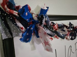 fabric scrap banner with red, white, and blue fabric